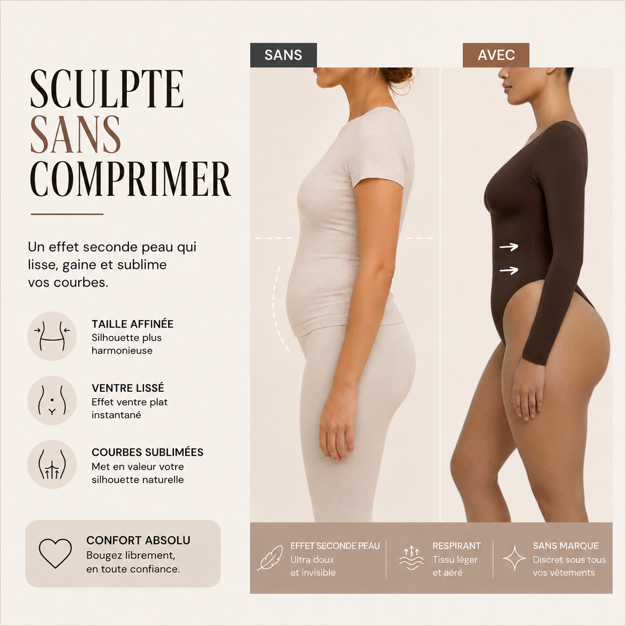 Body Sculptant Manches Longues String - Effet seconde Peau
