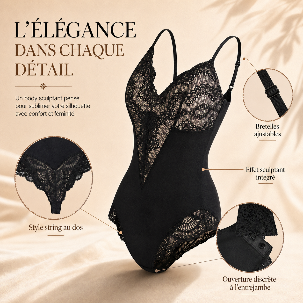 Body Sculptant Dentelle Col V- Effet Galbant