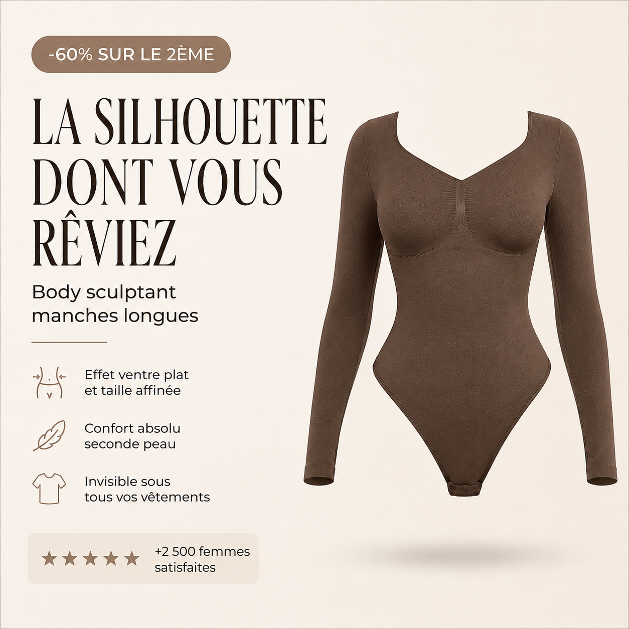 Body Sculptant Manches Longues String - Effet seconde Peau